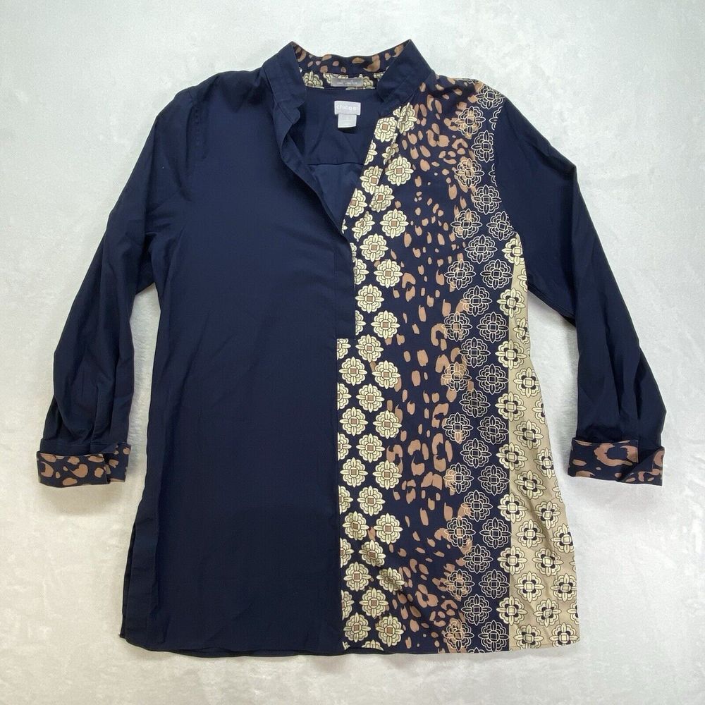 Chico's Tunic Womens 12 No-Iron stretch Mixed Print Top Navy Floral Animal Print
